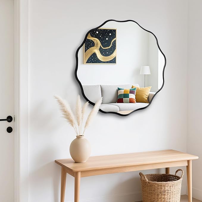 Fabuady Black Round Wavy Edge Mirror - 20'' Circle Wall Mirror with Metal Frame, Decorative Hanging/Leaning Mirrors for Bathroom, Bedroom, Living Room, Hallway, Entryway, Office, Home Decor