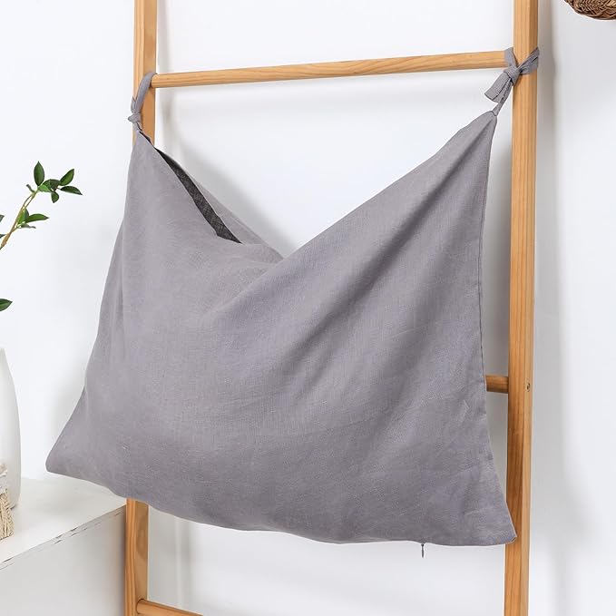 Hanging Linen Laundry Bag, 100% Pure Flax Linen Over The Door Hamper with Bottom Zipper for Laundry Room, Household Dirty Cloth Storage Organizer Bag, Gray