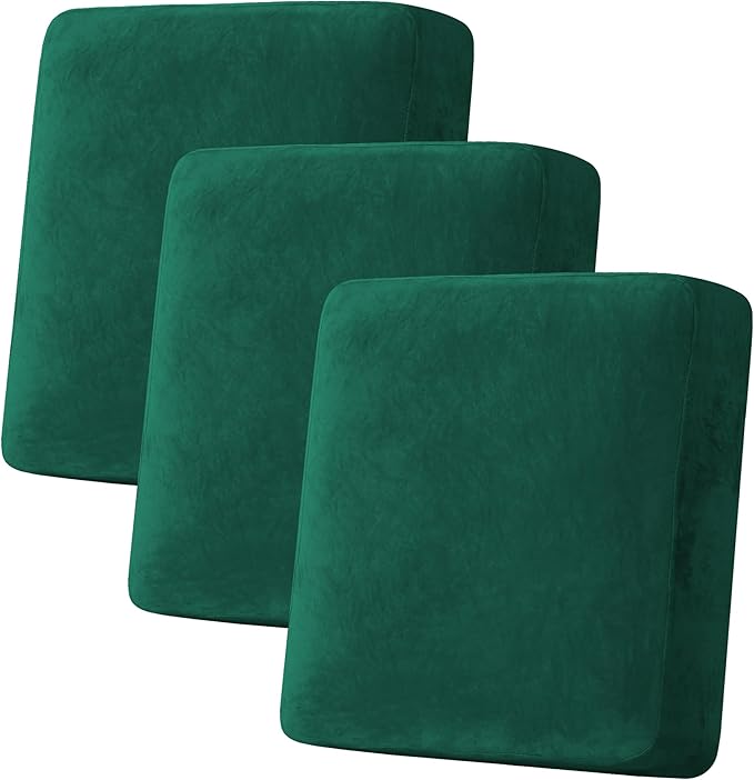 H.VERSAILTEX Velvet Stretch Couch Cushion Cover Plush Cushion Slipcover for Sofa Cushion Furniture Protector Seat Cushion Sofa Cover (3 Piece Sofa Cushion Covers, Vintage Green)