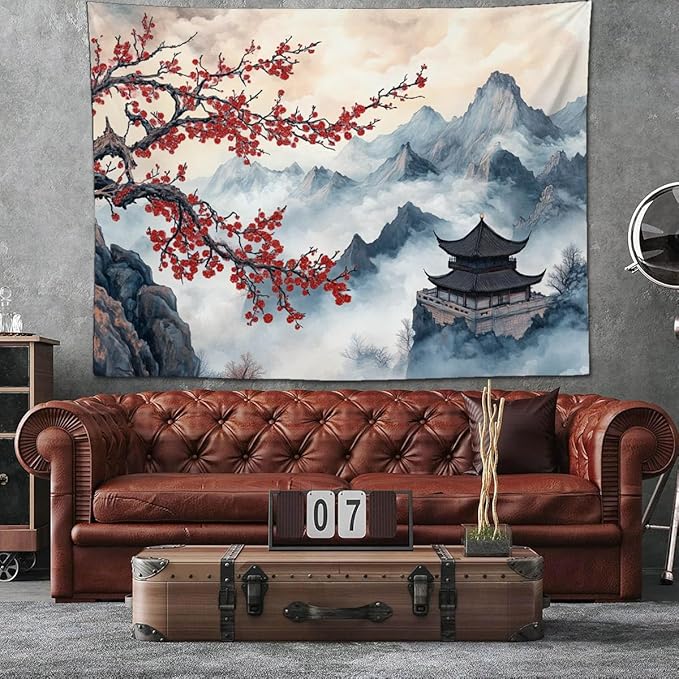 keowhsf Japanese Tapestry Aesthetic Wall Decor – Watercolor Ink Landscape with Red Plum Blossoms and Misty Mountains, Asian Art Hanging for Bedroom, Living Room, Dorm