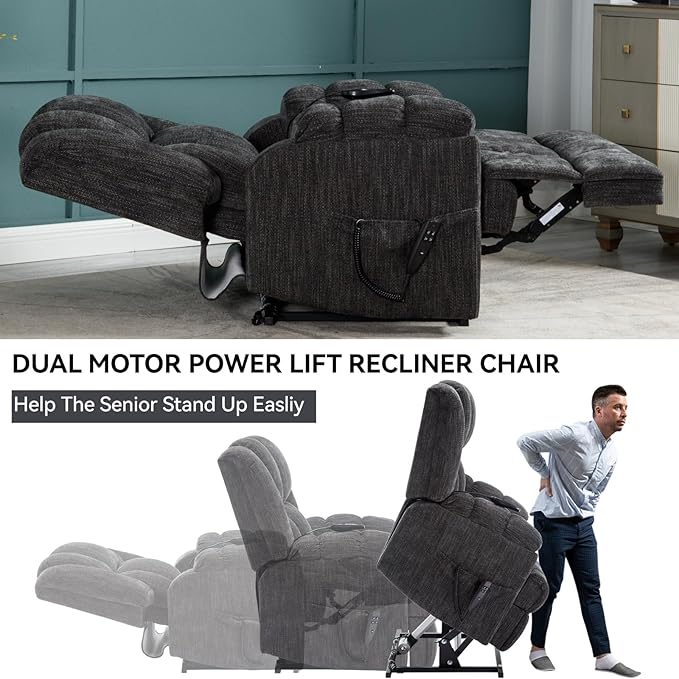 Power Lift Chair with Vibration Massage Heat for Elderly People, Dual Motor Electric Lay Flat Recliner Chair with Power-Remote, Standing Assistance Reclining, Chenille Dark Gray