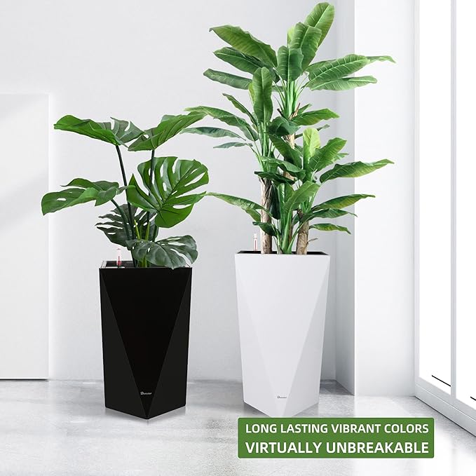 Dexceder 20 Inches Tall Self Watering Planter Diamond High Gloss Indoor Outdoor, Thickened Rhombus Large Floor Standing Flower Plant Pot with Water Level Indicator (Black)
