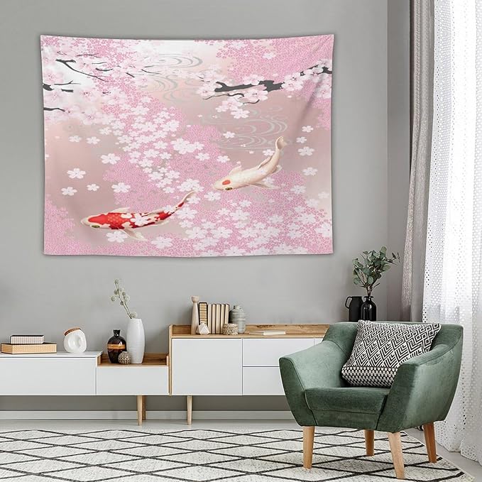 Houselerax Japanese Koi Fish Tapestry, Cherry Blossoms Asian Oriental Pink Flower Branch Koi Fish Carp Tapestries Wall Hanging for Bedroom Living Room Office Decor 80"x60"