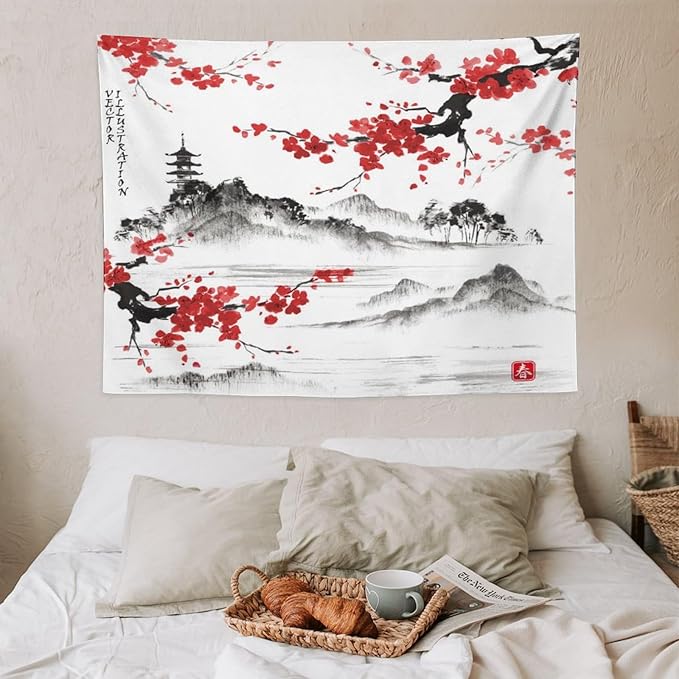 Cherry Blossoms Tapestry, Japanese Fuji Mountain Wall Tapestry, Nature Landscape Wall Art for Bedroom & Living Room Decor, 40"x30"