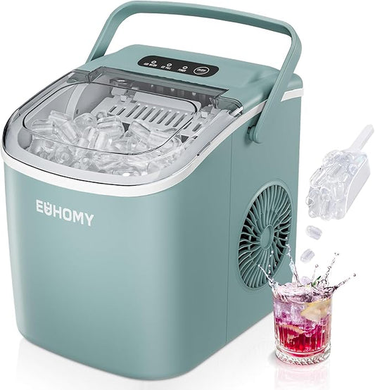 EUHOMY Countertop Ice Maker Machine with Handle, 26lbs Per Day, 9 Ice Cubes Ready in 6 Mins, Auto-Cleaning Portable Ice Maker with Basket and Scoop, for Home/Kitchen/Camping/RV (Green)