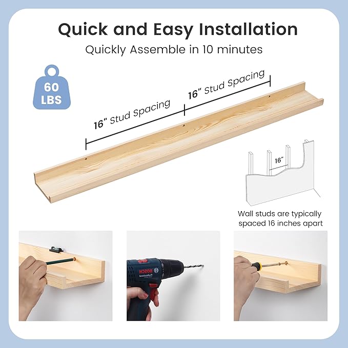Picture Ledge Shelf for Wall, 48 inch Solid Pine Wood Nursery Book Shelves 2 Packs, Floating Ledge Shelves for Kids' Room Bedroom Bathroom Living Room Photo Frames Office Nursey Wall Decor, Natural