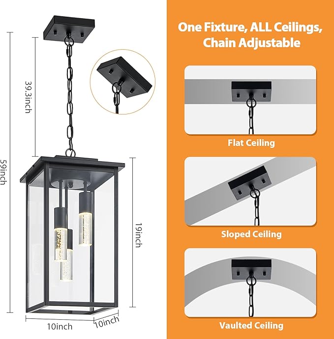 3-Color LED Outdoor Pendant Light with Remote, 3-Light 19" Large Outdoor Chandelier for Porch, Black Exterior Pendant Lighting Fixture Ceiling Mount Pendant Lantern for Patio Front Door