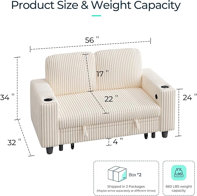 LINSY HOME Loveseat Sofa with Storage - Comfy Plush Corduroy 2 Seater Sofa with USB Charging & Cup Holders, Deep Seat Love Seat for Small Spaces Living Room Bedroom Apartment, Beige