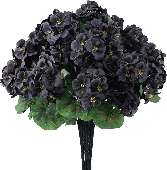 Hananona 12 Bundles Artificial Geranium Flowers for Outdoors Black Silk Geranium Flowers Outdoor UV Resistant Plants Faux Black Flower for Home Kitchen Halloween Table Centerpieces Decor (12, Black)
