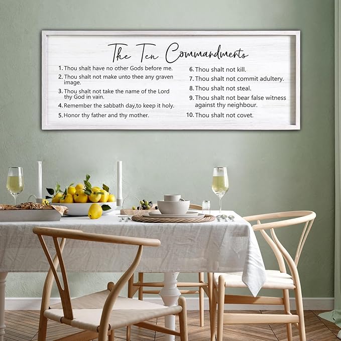 The Ten Commandments Rustic Bible Verse Framed Wall Art, 40''×15'' Positive Religious Christian Saying Sign for God Jesus Christ Prayer, Vintage Horizontal Holy Inspirational Catholic Scripture Decor