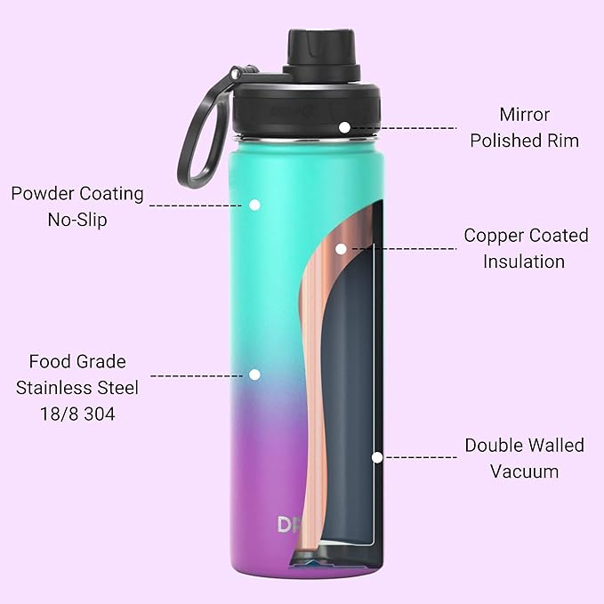 DRINCO Stainless Steel Water Bottle Spout Lid Vacuum Insulated Double Wall Water Bottle Wide Mouth (40oz 32oz 22oz 18oz 14oz) Leak Proof Keeps Cold or Hot (22 oz, 22oz Ombre Fuschia Teal)