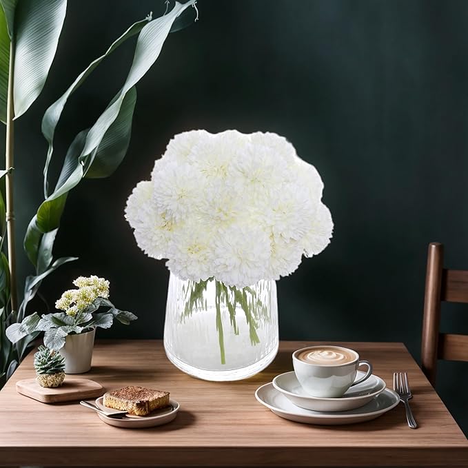 Kimura's Cabin 20Pcs Fake White Flowers Artificial Chrysanthemums Ball Flower Faux Silk Mums Flowers for Wedding Party Home Kitchen Table Core Decoration DIY Bouquets (White)