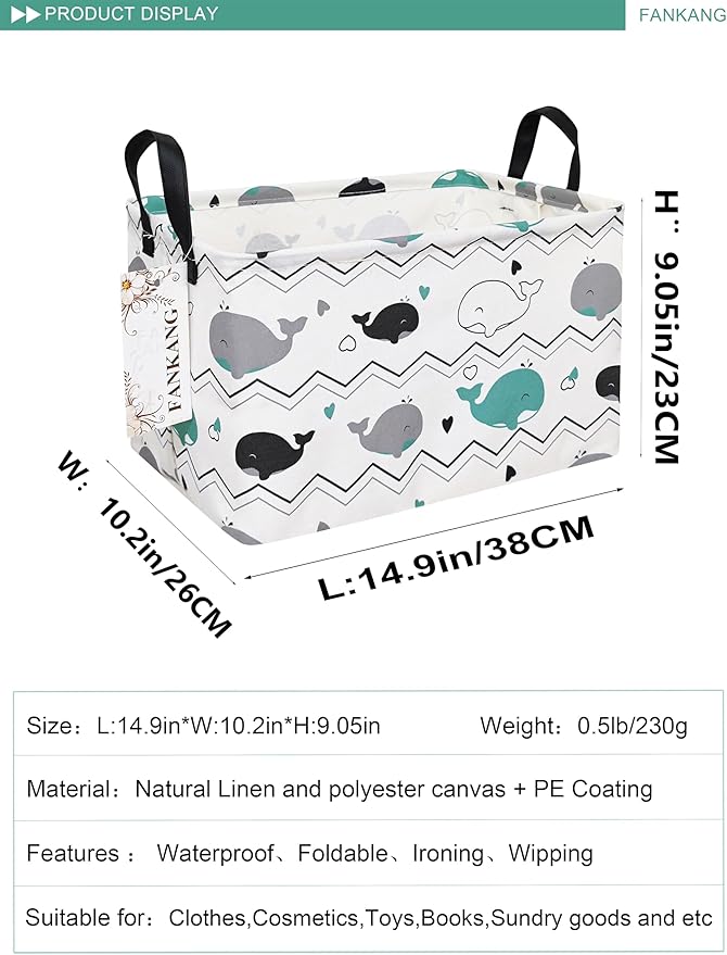 FANKANG Storage Bins, Nursery Hamper Canvas Laundry Basket Foldable with Waterproof PE Coating Large Storage Baskets for Kids Boys and Girls, Office, Bedroom, Clothes,Toys(Rec-whales ）