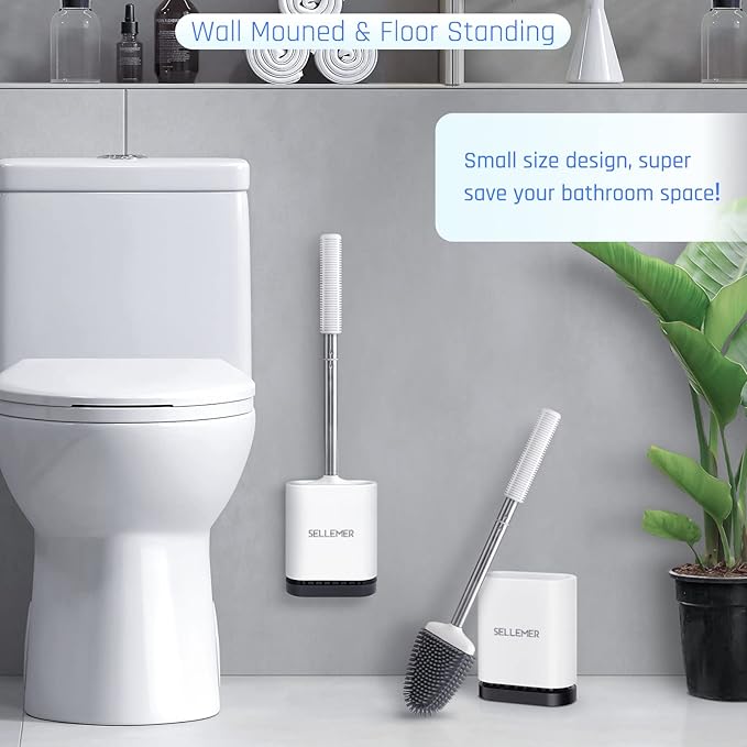 Sellemer Toilet Brush and Holder Set for Bathroom, Flexible Toilet Bowl Brush Head with Silicone Bristles, Compact Size for Storage and Organization, Ventilation Slots Base (3 Pack, Multicolor)