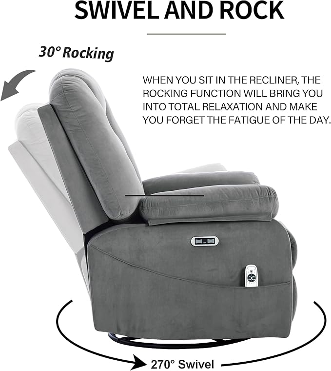 Power Swivel Rocker Recliner Chair for Adults,Rocking Recliners Chairs with Massage and Heat for Living Room, Electric Fabric Reclining Sofa Chair with USB and Type-C Port (Gray)