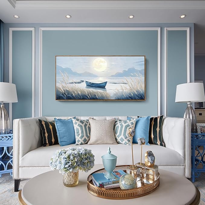 amatop Large Framed Wall Art Bedroom Living Room Decor Blue Boat Moonlight Coastal Seascape Picture Landscape Decorative Canvas Print Tranquil Night Ocean Lake Scene Artwork Nautical Wall Decor 48x24