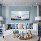 amatop Large Framed Wall Art Bedroom Living Room Decor Blue Boat Moonlight Coastal Seascape Picture Landscape Decorative Canvas Print Tranquil Night Ocean Lake Scene Artwork Nautical Wall Decor 48x24