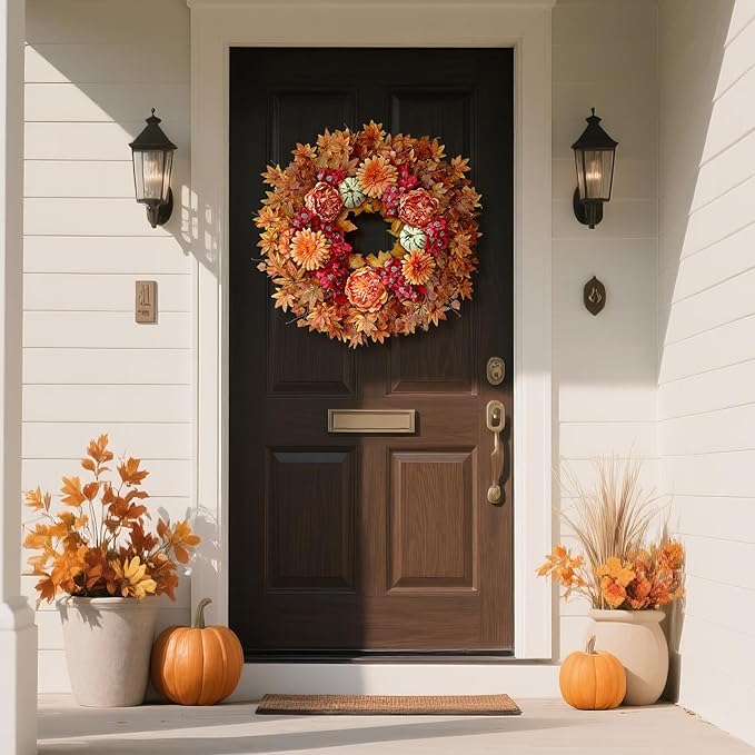 26" Fall Wreath for Front Door - Large Artificial Maple Leaves Fake Silk Peony Faux Pumpkin Outdoor Wreath for Porch, Window,Farmhouse,Home,Thanksgiving Day Harvest Festival Autumn Decor