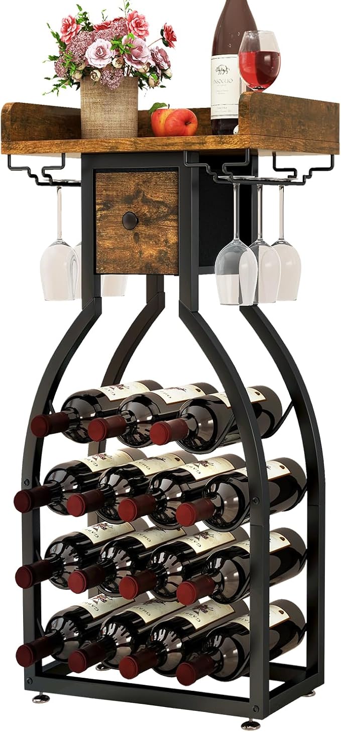 IBUYKE Wine Rack Freestanding Floor,Wine Storage 15 Bottles Bottle Rack with Glass Holders, Mini Bar Wine Cabinet with Storage Drawer for Home Bar Kitchen Dining Room,Rustic Brown,UTMJ908H