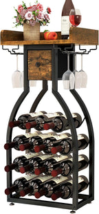 IBUYKE Wine Rack Freestanding Floor,Wine Storage 15 Bottles Bottle Rack with Glass Holders, Mini Bar Wine Cabinet with Storage Drawer for Home Bar Kitchen Dining Room,Rustic Brown,UTMJ908H