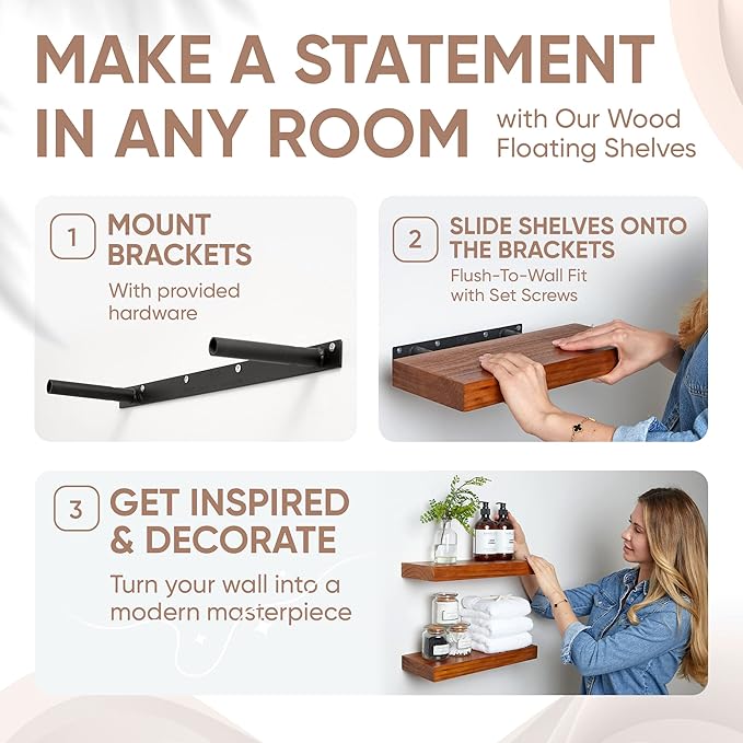 Homeforia 18 inch Floating Shelf Oak, High End Solid Real Wood 18inch Long Floating Shelves for Wall Mounted, Honey Oak Wooden 18in Floating Shelves, Heavy Duty Bracket, 18 X 6.5 X 1.75 inch, Set of 3