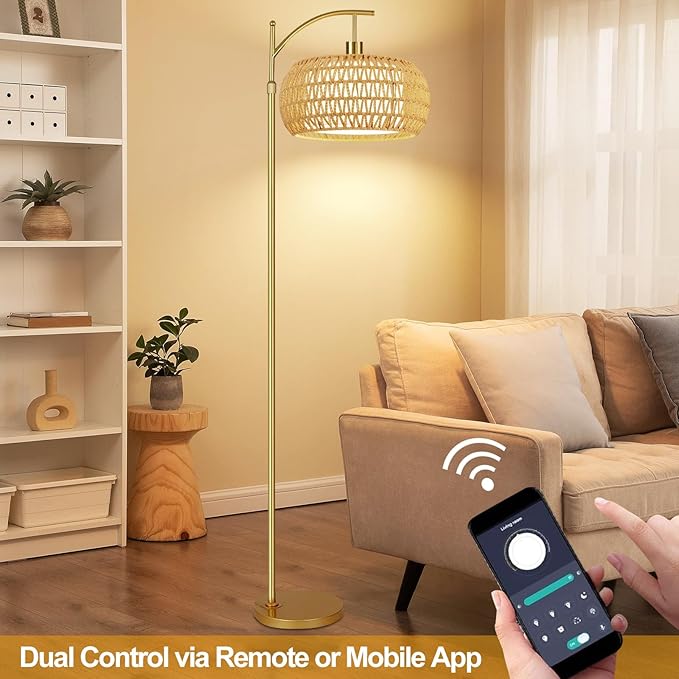 Gold Floor Lamps for Living Room Rattan Boho Floor Lamp with Remote Control,Dimmable Arc Floor Lamp Wicker LampShades Brass Standing Lamp with 3 Color Temperature Tall Floor Lamps For Bedroom Corner