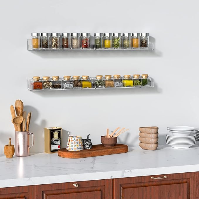 Acrylic Wall Spice Rack Organizer, Seasoning Rack Shelf Organizer, Clear Wall Mounted Spice Rack Condiment Organizer with Additional Removable Middle Divider, 4 Pack…