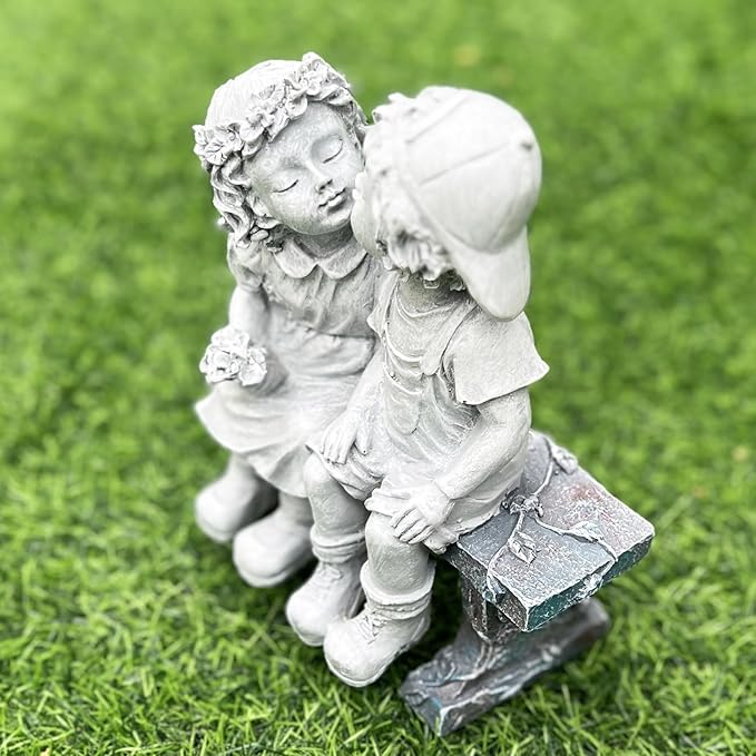 Elenon Boy and Girl Garden Statue Outdoor Decorative, Couple First Kiss Garden Sculpture for Yard Patio Art Flower Bed Decoration, 8 1/4" L x 4 3/4" W x 9" H