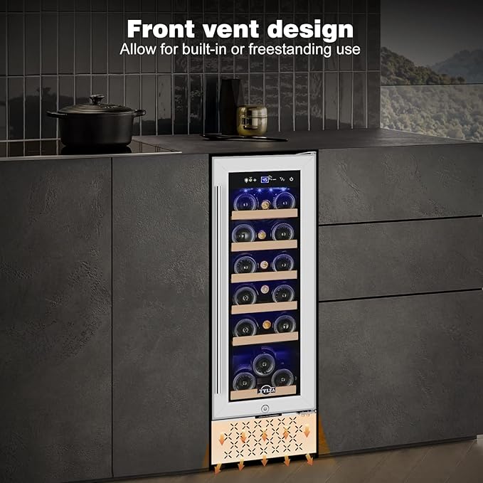 Tylza 12" Wine Cooler Refrigerator 18 Bottle Capacity, Compact Freezerless, Temperature Stability, Low Noise, Double-Layer Tempered Glass Door
