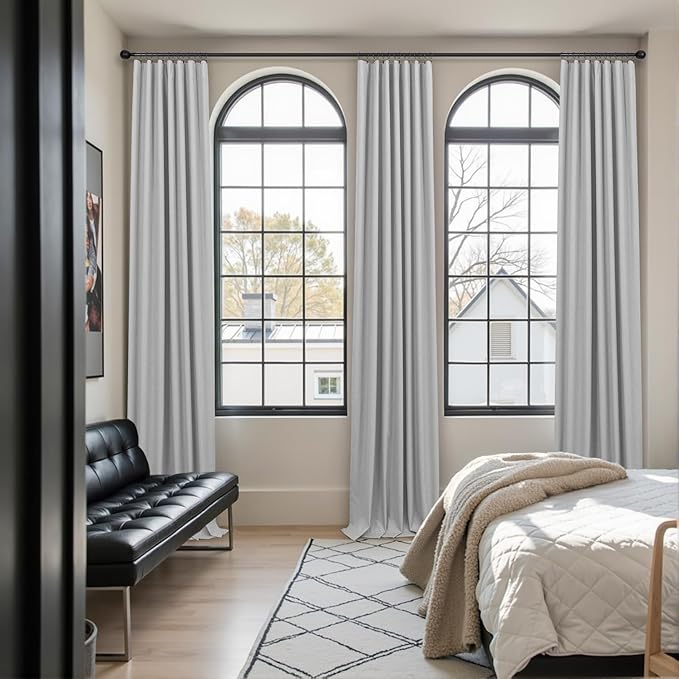 Light Gray Linen Blackout Curtains White Backing 102 Inch Long 2 Panel Sliding Glass Door Solid Grey Light Blocking Thermal Curtain for Summer Heat Energy Saving Weather Drapes for Bedroom Living Room