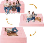 Folding Bean Bag Chair for Adults,3-in-1 Bean Bag Couch Faux Fur Floor Sofa Large Beanbag Convertible Bean Bag Sofa Bed with Pillow in Bedroom,Living Room,Apartment(Queen,Pink)