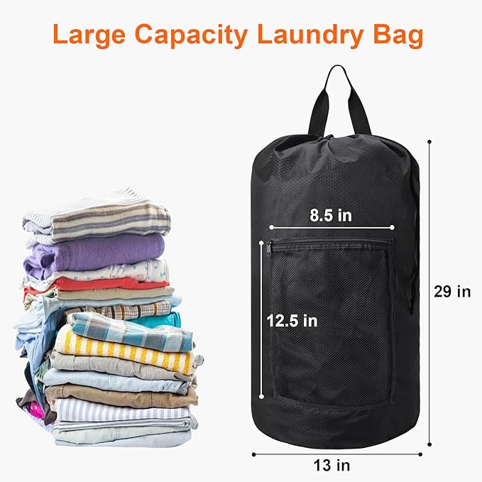 Femuar Laundry Bag Backpack Durable Laundry Bag with Shoulder Straps and Mesh Pockets Portable Laundry Dirty Clothes Hamper Bag for College Dorm (Black)