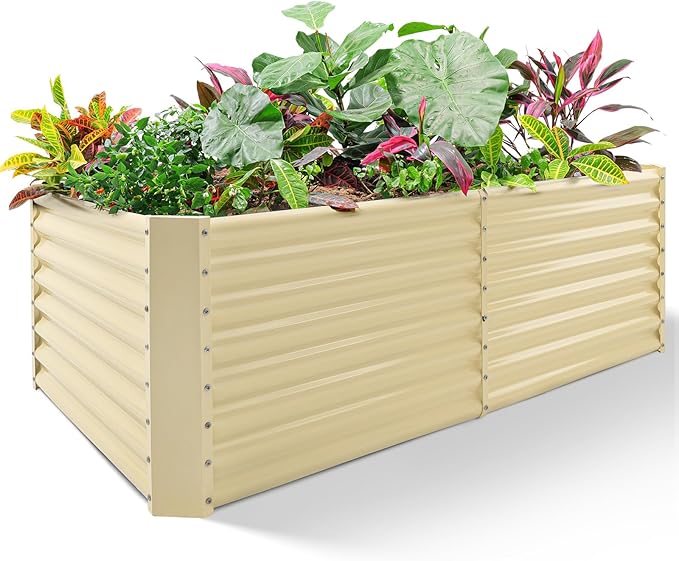Land Guard 6x3x2ft Galvanized Raised Garden Bed, Planter Boxes Outdoor, Raised Garden Beds Outdoor for Vegetables, Flowers, Herbs, 269 Gallons, Cream Yellow…