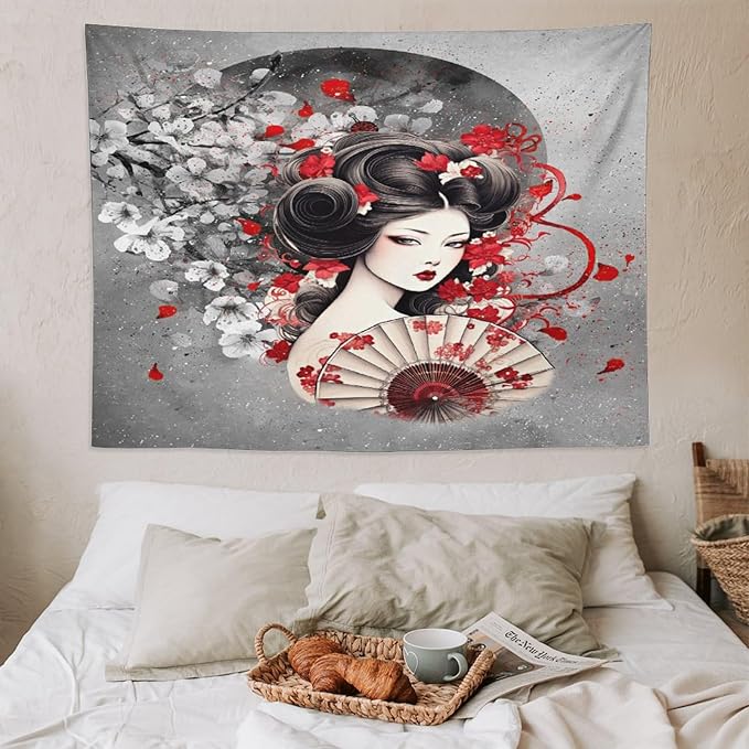 Japanese Geisha Tapestry Asian Red Cherry Blossom Red Sun Traditional Kimono Folk Tapestries Home Decor for Living Room Bedroom Apartment Farmhouse Dorm 80"x60"
