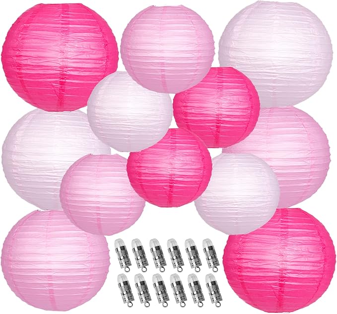 Paper Lanterns Decorative, Pink Hanging Round Chinese Lanterns with Lights for Engagement Bachelorette Birthday Party 12 LED Light Pack of 12