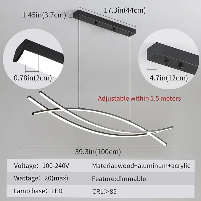 Pendant Light, Linear Pendant Light LED Dimmable Hanging Light Fixture, LED Modern Curved Chandelier, Chandeliers for Dining Room