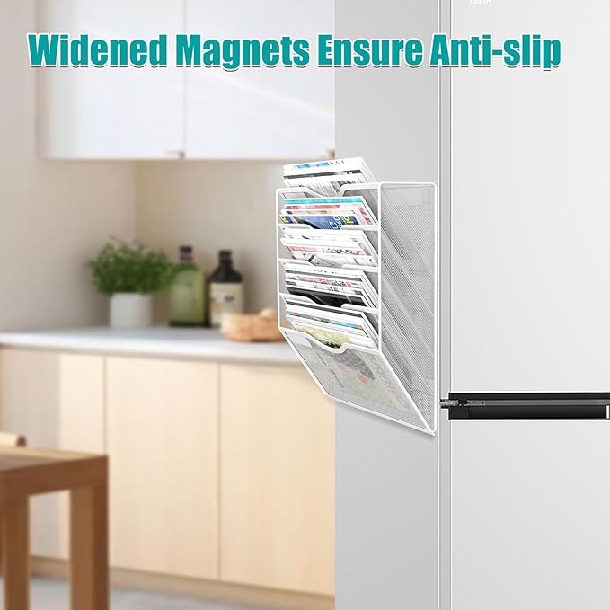 5-Tier Magnetic File Organizer, No Drilling Installation, White Magnetic Paper Holder, Magazine Rack for Refrigerator and File Cabinets