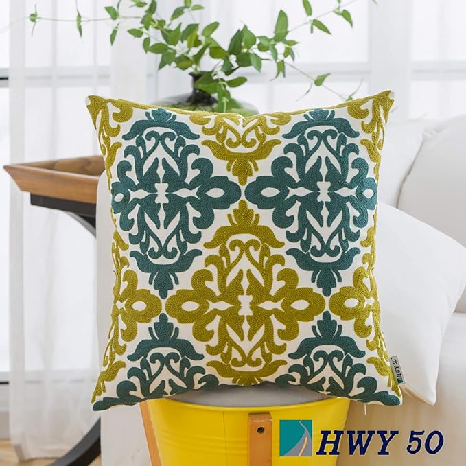 HWY 50 Decorative Throw Pillow Covers 18x18 Inch (1 Piece), Embroidered Cotton Farmhouse Cushion Cover Pillow Case for Sofa Couch Living Room Bed Bedroon, Blue and Green Floral Geometric