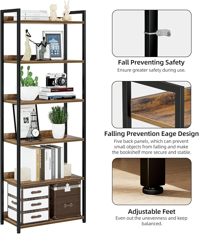 NUMENN Bookshelf, 6 Tier Bookshelves, Home Office Bookcase Shelf Storage Organizer, Free Standing Storage Shelving Unit for Bedroom, Living Room and Home Office, Vintage
