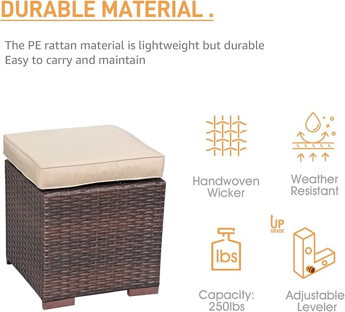 Patiorama 2 Pieces Assembled Outdoor Patio Ottoman, Indoor Outdoor All-Weather Dark Brown Wicker Rattan Outdoor Footstool Footrest Seat with Beige Cushions, No Assembly Required