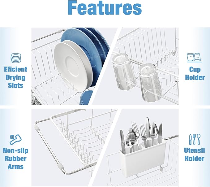 Dish Drying Rack in Sink, Small Dish Drainers for Inside Sink, Over The Sink Dish Racks, Stainless Steel Drying Rack with Utensil Holder, White