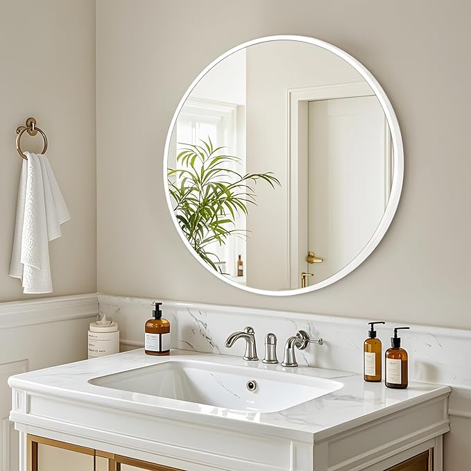 Fabuday White Round Mirror 28 Inch - Big Circle Mirror for Bathroom, Living Room, Hallway, Entryway, Matte Aluminum Frame Circular Mirrors for Wall Decor