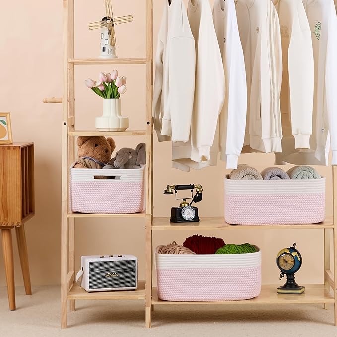 Large Storage Baskets for Shelves, Closet Organizers Bins for Clothes Blanket Towels, Baby Nursery, Toy Baskets Box, Woven Rope Baskets, 17 x 13 x 7.5”, 2 Packs Woven Pink