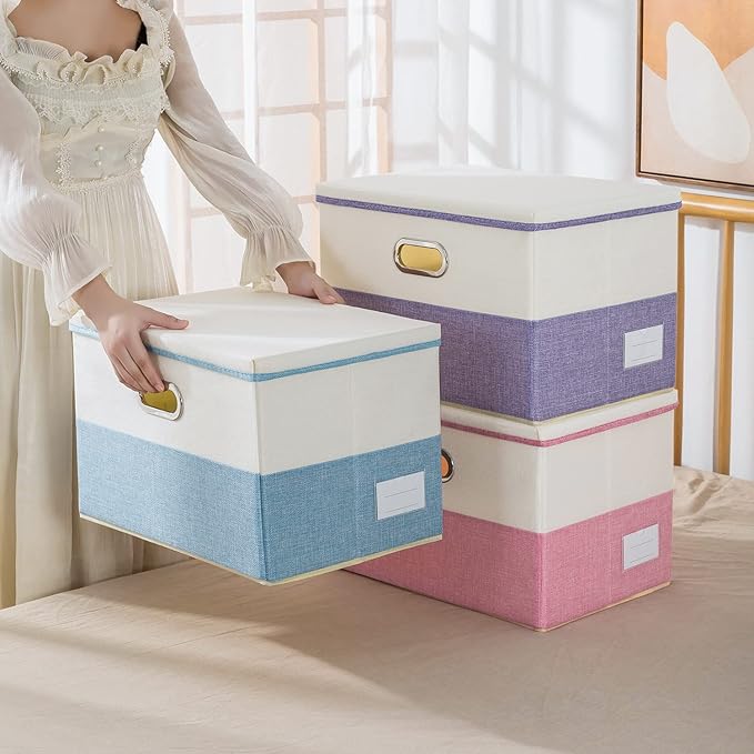 PRANDOM Collapsible Storage Bin with Lid [3-Pack] Fabric Foldable Storage Box Organizer Container Basket Cube with Cover for Home Bedroom Closet Office Nursery Pink&Cream(14.9x9.8x9.8)