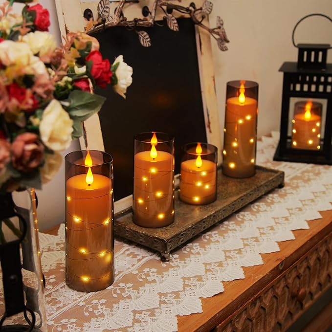 Homemory 9 Pcs Flameless Candles with Embedded Star String Fairy Lights, Battery Operated Candles, LED Fake Candles with Remote Control and Timer, Gray Acrylic