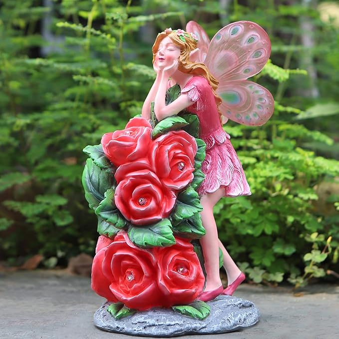 Solar Garden Outdoor Statues Cute Flower Fairy with 7 LED Solar Figurine for Lawn,Patio, Balcony, Yard Unique Housewarming Gift, for Woman, Mom, Grandma