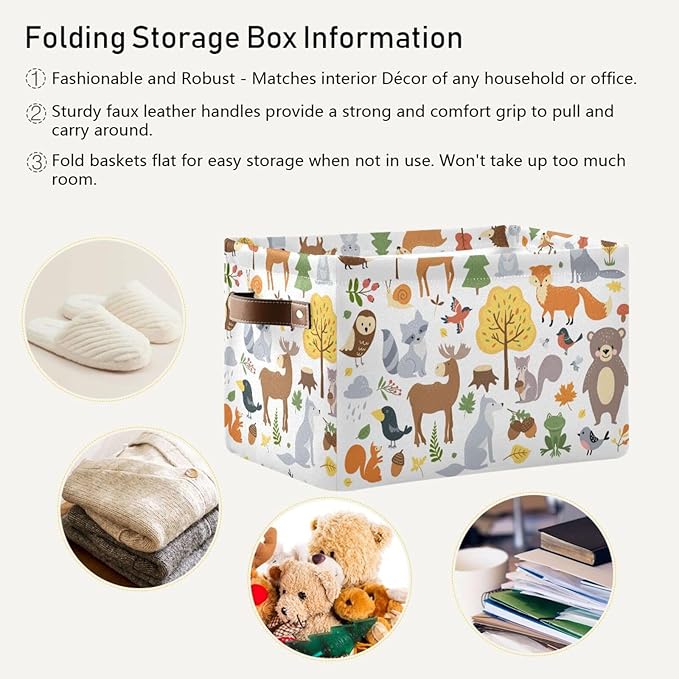 Storage Basket Bin Cute Woodland Animals Organizer Collapsible Shelf Basket Cube with Handle for Nursery Bedroom Bathroom