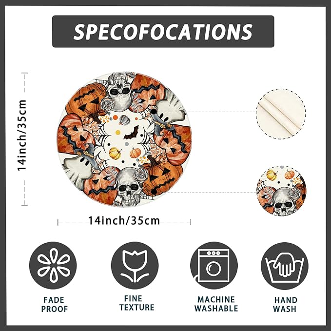 XCHI Spooky Skeleton Ghost Pumpkin Halloween Round Placemats Set of 4 Table Mats for Party Home Kitchen Dining Table Decorations 14x14 Inch