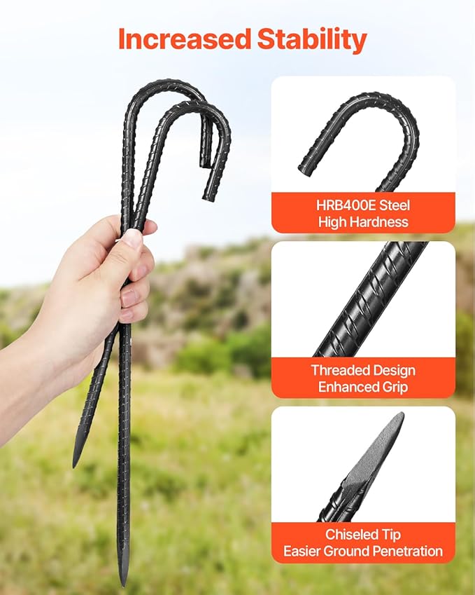VEVOR Rebar Stakes, 12-Inch, Heavy-Duty 0.4 in Diameter J Hook, Galvanized Steel Ground Anchors with Chisel Point End & Rust-Resistant Coating, for Gardening Support, Fence, Camping Tents (16-Pack)