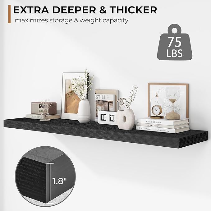 Fun Memories Floating Shelves - 12 Inch Rustic Wooden Wall Shelves - Extra Deeper & Thicker Wall Mounted Storage Shelf for Living Room, Kitchen, Farmhouse - 48" W x 12" D x 1.8" H - Rustic Black